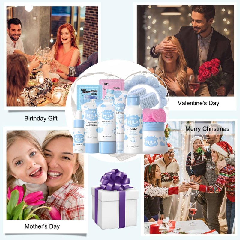 Milk Skin Care Kit Teenage Girls Gifts - 11PCS Skin Care Set Nourishing - Skin Care for Teens 10-12 - Smooth & Hydrating Skincare Gift Set - with Toner,Eye Cream,Serum,Facial Sponges,Headband