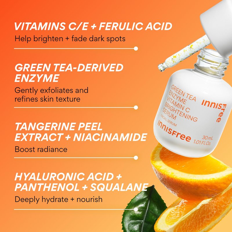 Innisfree Green Tea Enzyme Vitamin C Serum for Brightening 2 Pack | Sunspots, Post-Breakout Marks and Dark Spot Correction | Hydrating Korean Face Serum for Radiant Glow