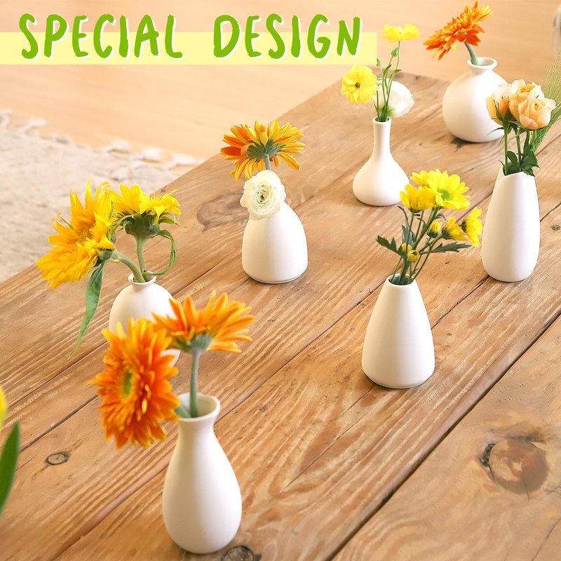 10pc Ceramic Bud Vases Set - 2-3 Inch White Small Vases Collection for Flowers | Boho & Modern Ceramic Vase Set for Table Décor, Wedding, Cute Vase Home Decor