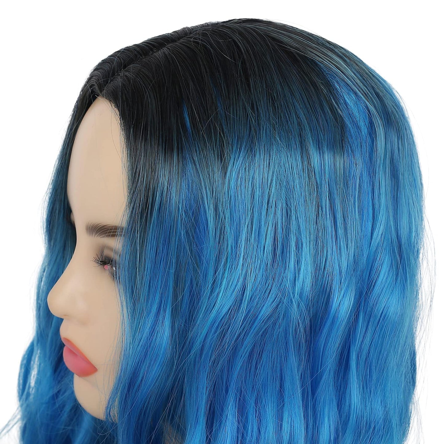 Kaneles Blue Wigs for Women Ombre Long Blue Fluffy Curly Wavy Colorful Wigs for Daily Party Cosplay