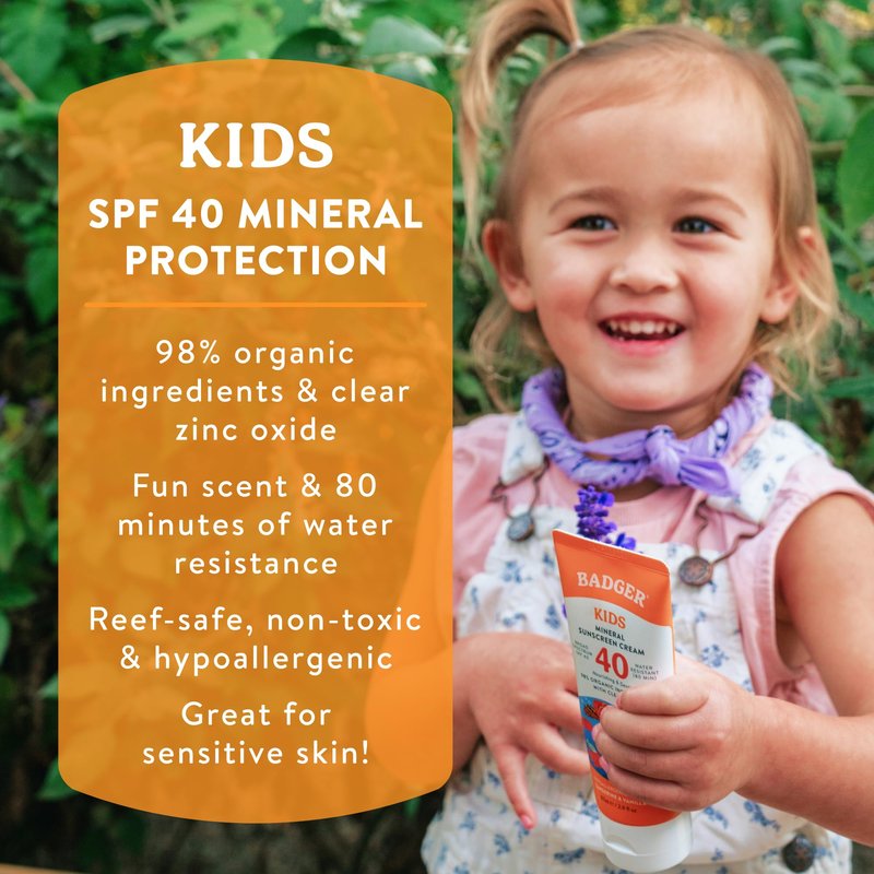 Badger Kids Mineral Sunscreen Cream SPF 40, 98% Organic Ingredients, Zinc Oxide Sunscreen for Kids Face & Body, Water Resistant, Reef Friendly, Hawaii Approved Sunblock, 2.9 fl oz, 2-Pack