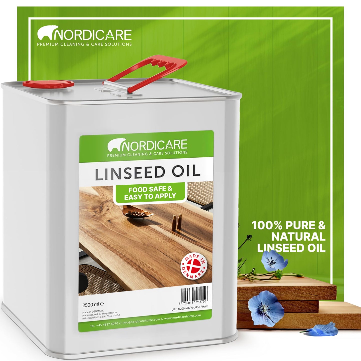 Nordicare Linseed Oil for Wood - 100% Pure & Natural Linseed Oil for Entire Indoor Area - Food-Safe Raw - Furniture - Underlines the Original Wood Structure - Made in Denmark 84.5oz
