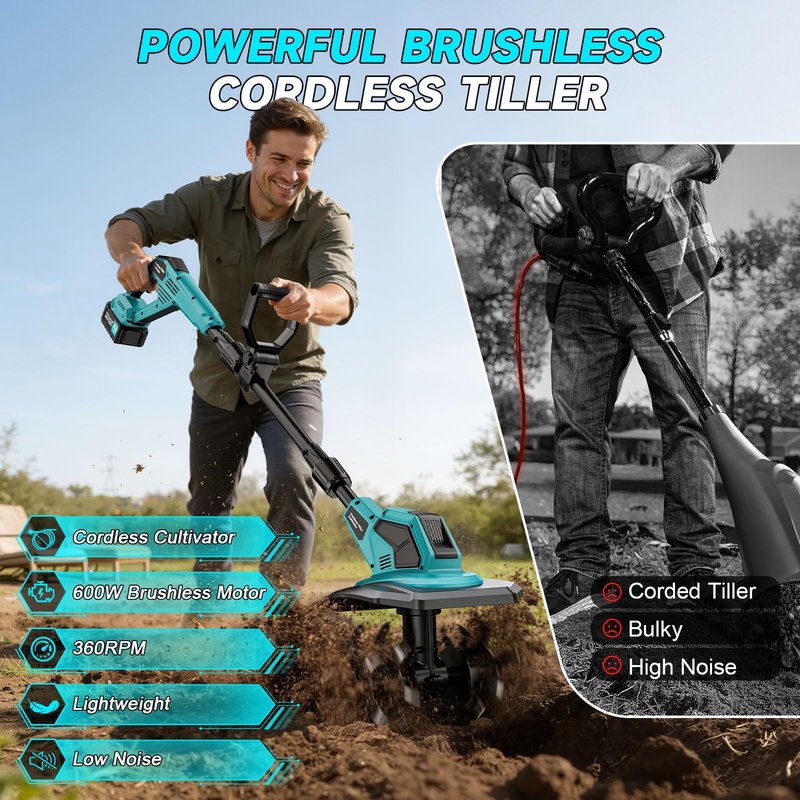 Cordless Tiller Cultivator, 360RPM Electric Garden Tiller, with 2 x 3.0Ah Batteries & Charger, 9In Tilling Width and 6.6In Depth Garden Rototiller for Lawn/Gardening/Soil Cultivation