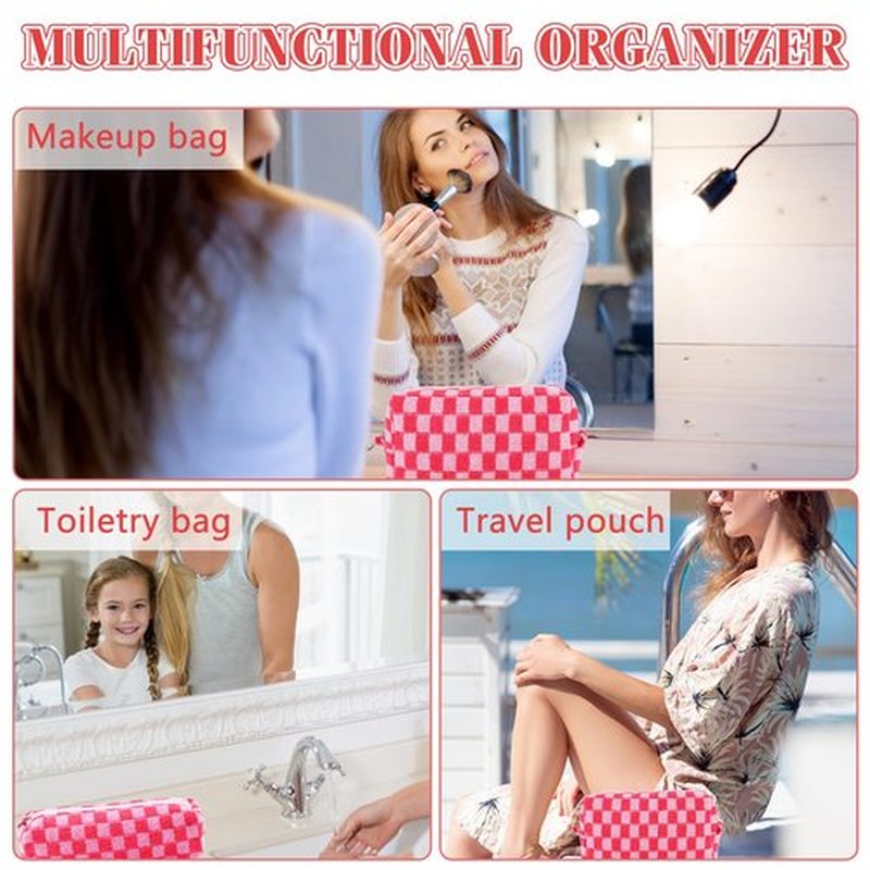 ZLFSRQ 2Pcs Checkered Makeup Bag for Women Cute Cosmetic Pouch Travel Small Cosmetic Bag Set Cute Makeup Pouch Purse Portable Skincare Zippered Toiletry Bag Organizer Preppy Trendy Storage Bag(Pink)