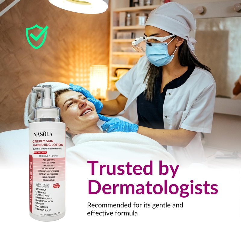 Nasola Crepe Erase Advanced Body Repair Treatment Lotion with Retinol and Hibiscus, Hyaluronic Acid, Vitamin C, E, A, Niacinamide Skin Tightening & Lifting Cream Moisturizer for Dry Aging Skin 10.14Oz