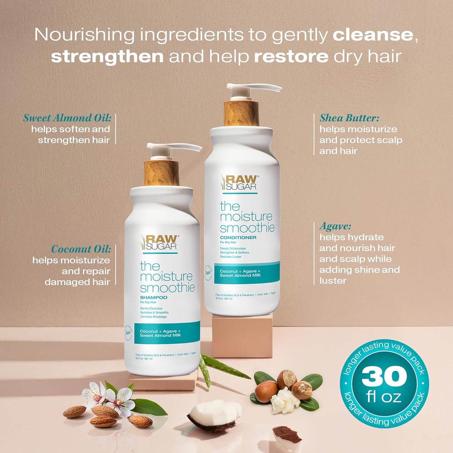 Raw Sugar Moisture Smoothie Shampoo and Conditioner Set, Moisturize & Nourish Dry Hair, Bulk Shampoo and Conditioner with Coconut Oil, Agave & Sweet Almond Oil, Formulated without Sulfates & Parabens