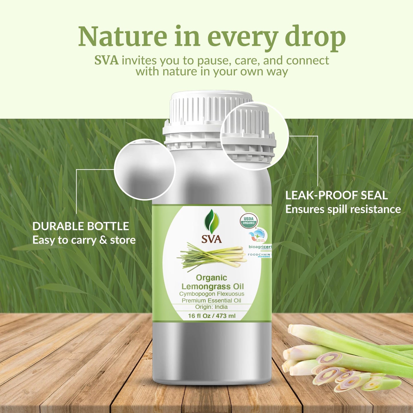 SVA Lemongrass Essential Oil Organic – 16 Fl Oz – 100% Natural Organic Lemongrass Oil for Hair, Face, Skin Care, Diffuser, Aromatherapy, Scalp, Body Massage, Soap and Candle Making