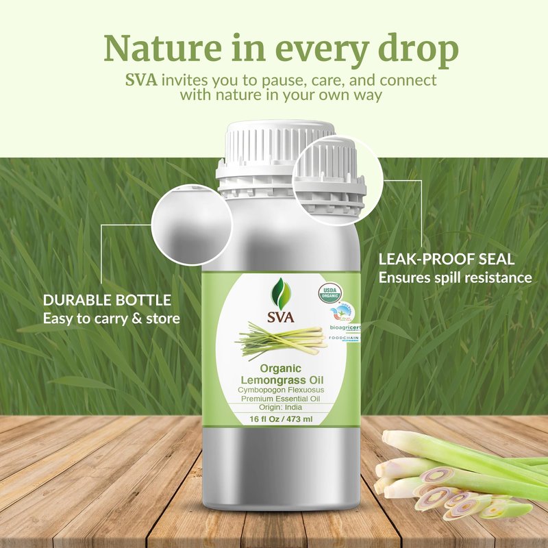 SVA Lemongrass Essential Oil Organic – 16 Fl Oz – 100% Natural Organic Lemongrass Oil for Hair, Face, Skin Care, Diffuser, Aromatherapy, Scalp, Body Massage, Soap and Candle Making