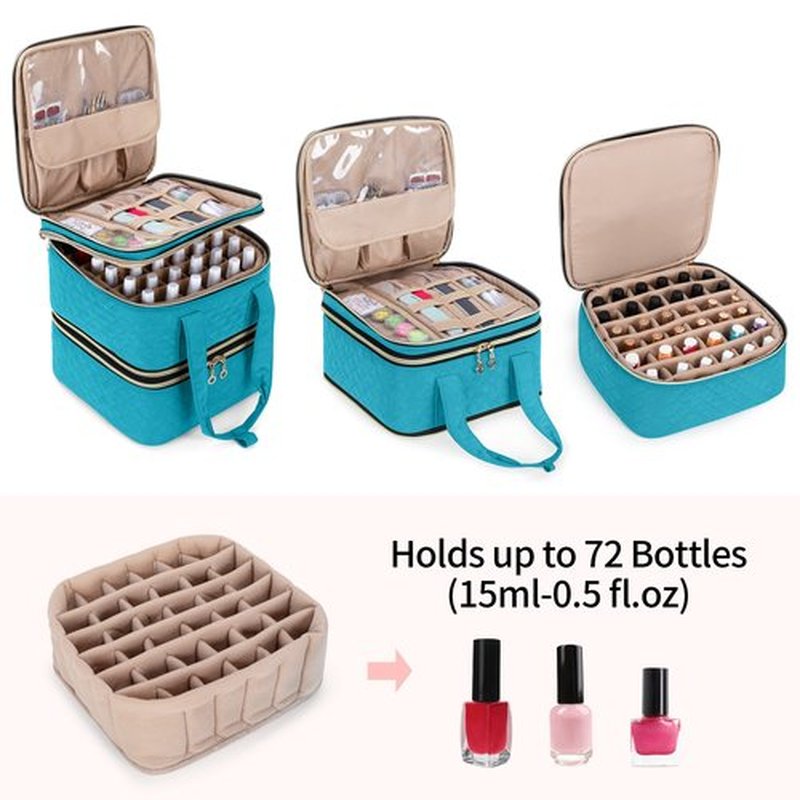 Yarwo Nail Polish Organizer Case Holds 72 Bottles (15ml/0.5 fl.oz), Detachable 3 Layers Nail Polish Storage Bag with Removable dividers for Nail Lamp and Nail Art Manicure Tools, Teal (Bag Only)