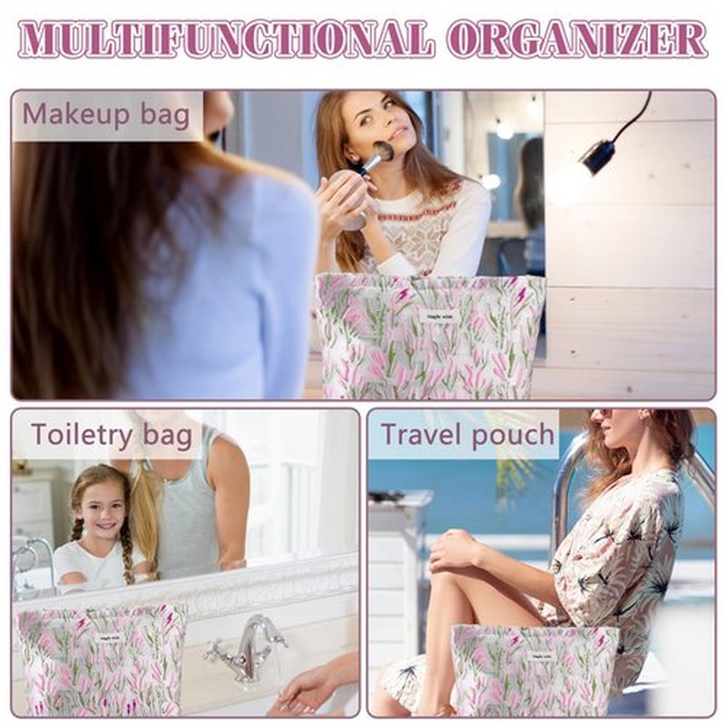 ZLFSRQ Flower Makeup Bag Travel Cute Floral Cosmetic Bags for Women Large Makeup Pouch Zipper Cosmetic Pouch for Purse Aesthetic Embroidery Makeup Organizer Bag Portable Toiletry Bag(Green &Pink)