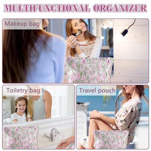 ZLFSRQ Flower Makeup Bag Travel Cute Floral Cosmetic Bags for Women Large Makeup Pouch Zipper Cosmetic Pouch for Purse Aesthetic Embroidery Makeup Organizer Bag Portable Toiletry Bag(Green &Pink)