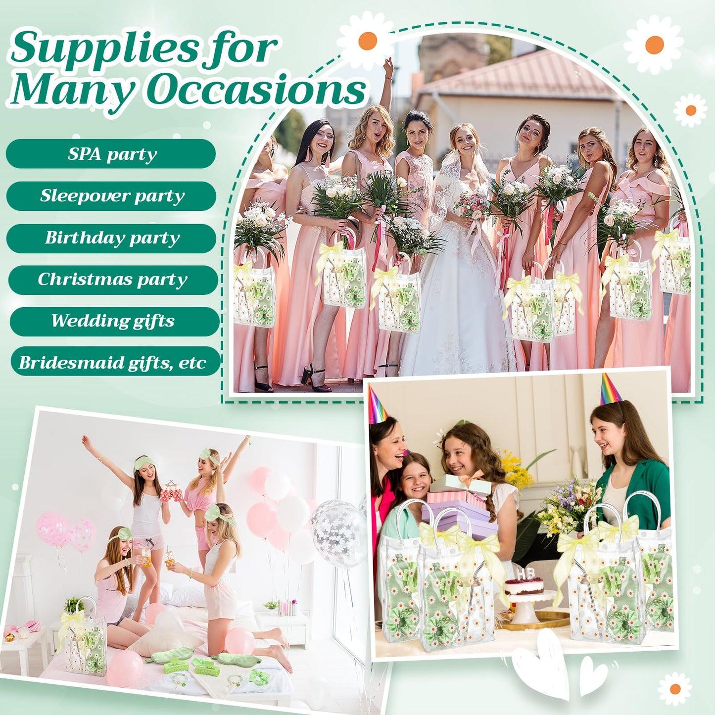 Vesici 42 Pcs Spa Sleepover Party Supplies Bulk for Women 6 Sets Slumber Bridesmaid Wedding Birthday Gifts Favor Glass Cup Eye Mas Hair Tie Hair Clip Bracelet Tote Bag Ribbon(Daisies,Sage Green)