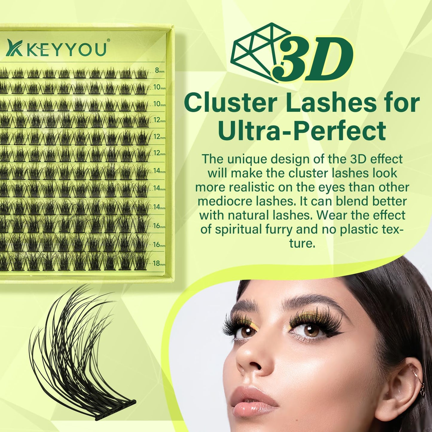 Lash Clusters 3D Effect Eyelash Clusters KEYYOU 144pcs D Curl 8-18MIX Wispy Lashes Fluffy Cluster Lashes Natural Soft DIY Lash Extension(Radiance-D-MIX)
