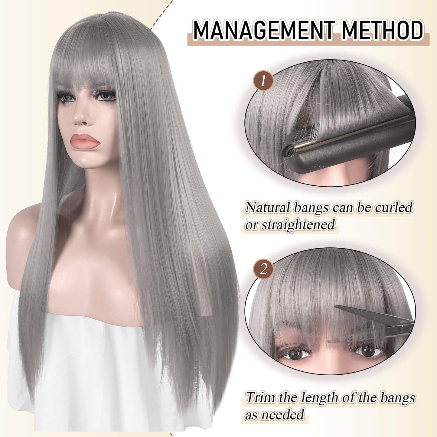 SOFEIYAN 26 inches Long Straight Wig with Bangs Silver Gray Synthetic Hair Replacement Wigs Heat Resistant Full Wig for Women Girls