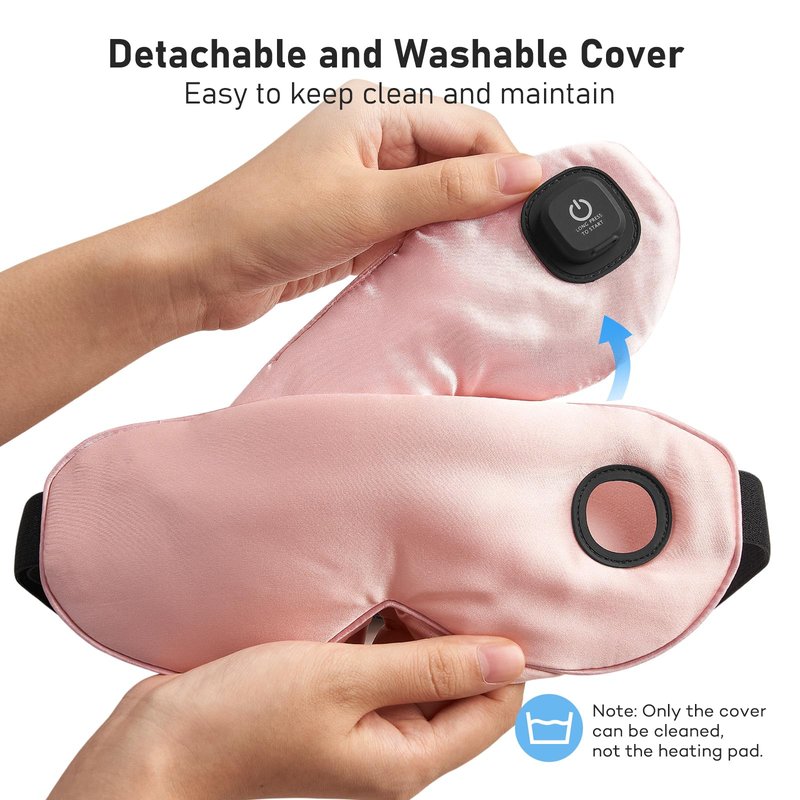 LitBear Heated Eye Mask, Silk Cordless Warm Eye Compress for Dry Eyes, Light Blocking Heat Eye Mask for Women Men, Soft Eye Heating Pad for Dry Eyes, Travel, Rechargeable, Washable Cover (Pink)