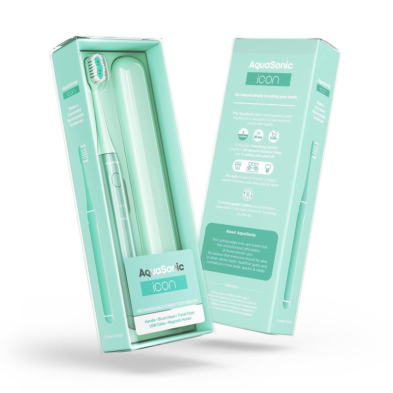 Aquasonic Icon ADA-Accepted Rechargeable Toothbrush | Magnetic Holder & Slim Travel Case | 2 Brushing Modes & Smart Timers | Gentle Micro-Vibrations (Mint)