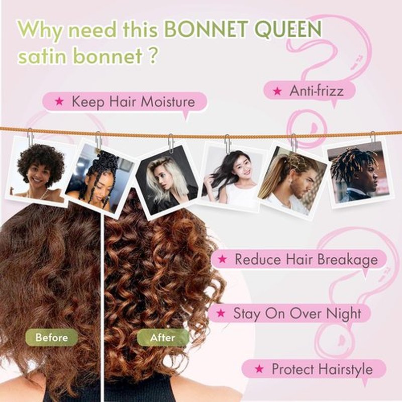 BONNET QUEEN Satin Bonnet Silk Bonnet for Sleeping Women Hair Bonnet Night Sleep Cap Scarf wrap for Curly Hair with tie Band Hot Pink