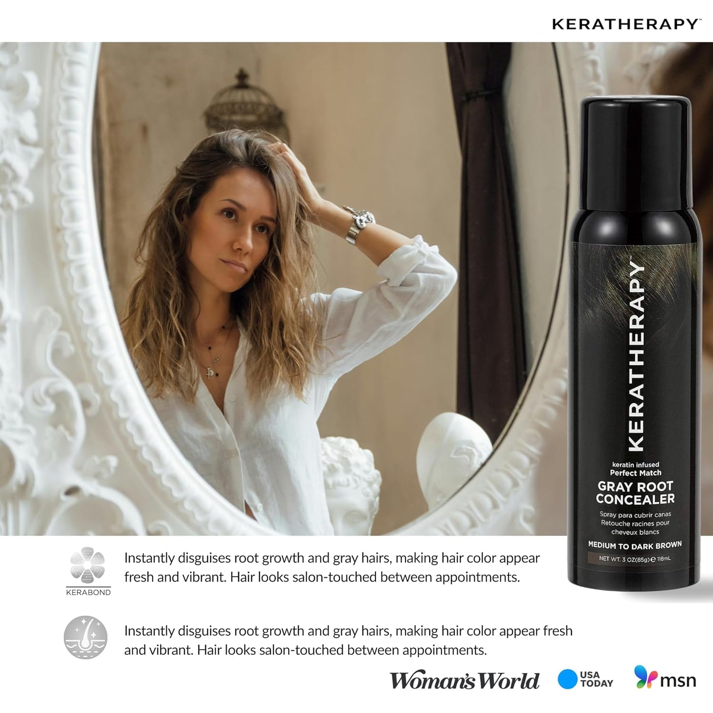 Keratherapy Keratin Infused Perfect Match Gray Root Concealer Spray, Light Brown, 3 oz, 118ml - Root Cover Up Spray to Hide Gray Roots - Keratin Therapy Hair Darkening & Temporary Scalp Concealer