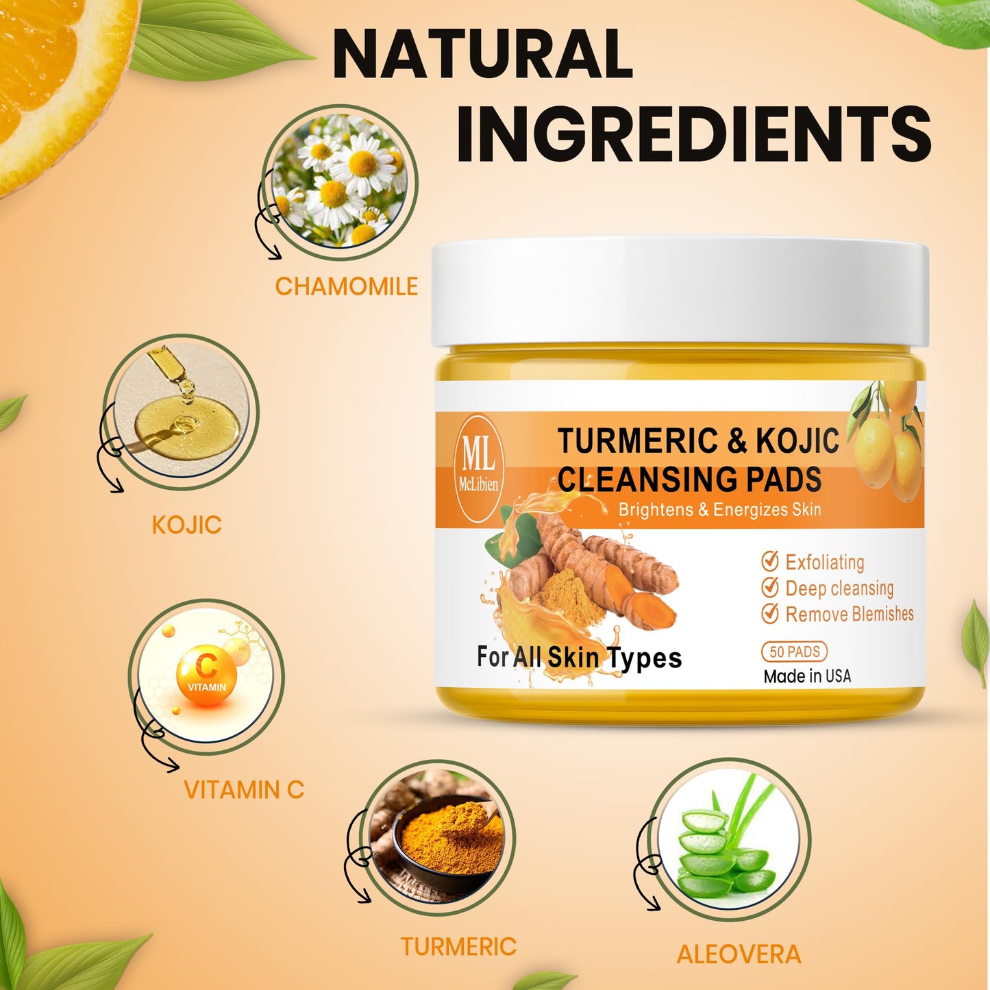 Turmeric Kojic Clarifying Pads – Exfoliating & Brightening pads with Vitamin B3, Vitamin C, & E for Dark Spots, Acne & Daily Skin Care for Face - All Skin Types (50 Pads)