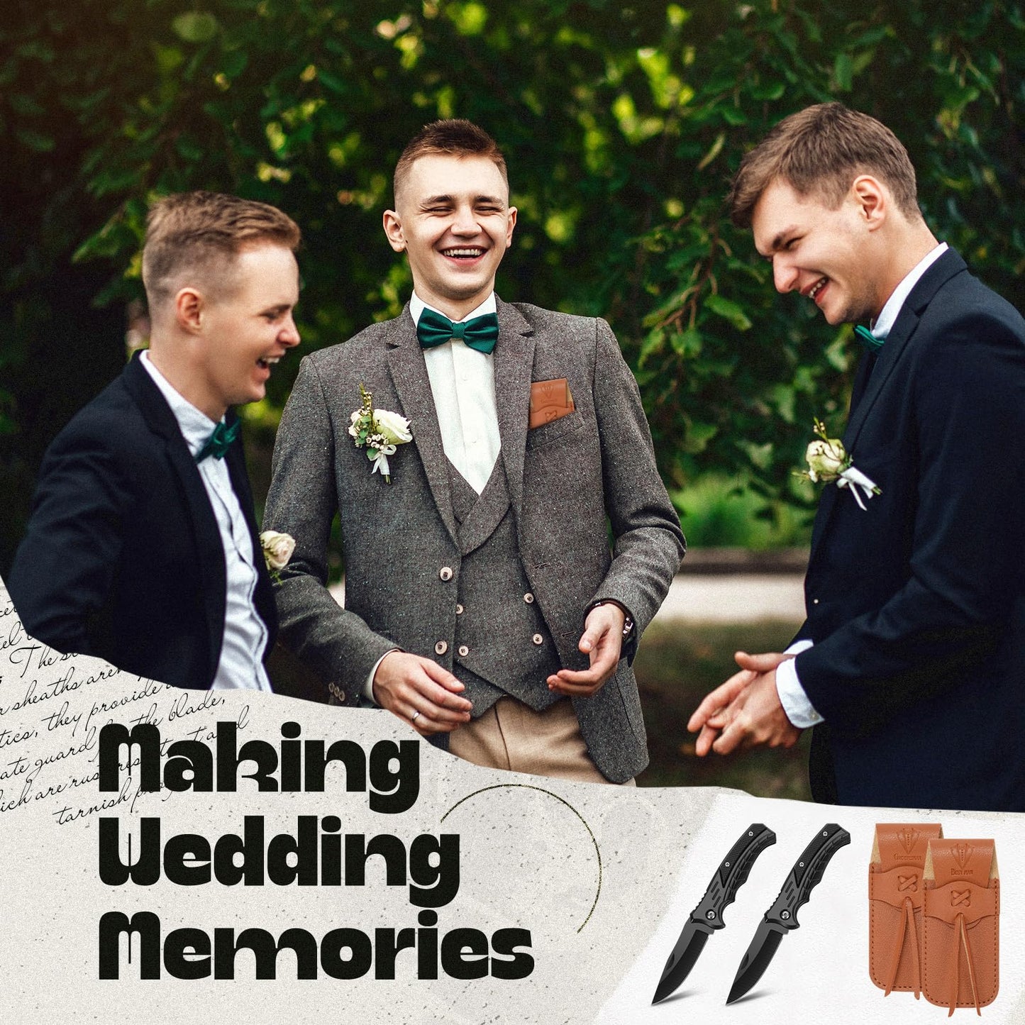 Abbylike 6 Set Groomsmen Gifts Personalized Groomsmen Knife with Leather Sheaths Mini Folding Knives Proposal Gifts for Wedding Party Favors(Classic,Black)