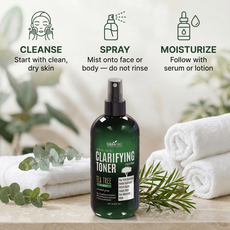 Oleavine TheraTree Clarifying Toner with MSM, Tea Tree & Neem Hydrosol - Alcohol-Free Complexion Control for Face & Body - Reduces Appearance of Pores & Controls Oil - 8 Fl Oz
