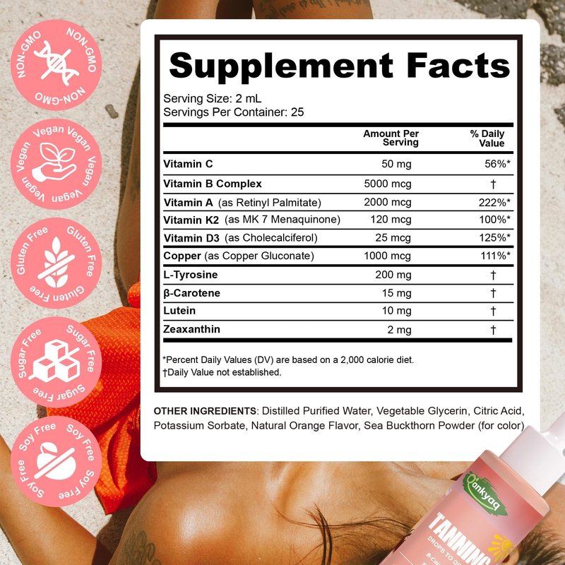 Tanning Drops to Drink, Sunless Tanning Drops for Face & Body, Bronzing & Glowing Skin Tone, Self Tanning for All Skin Types (50ML), Vegan, Sugar-Free