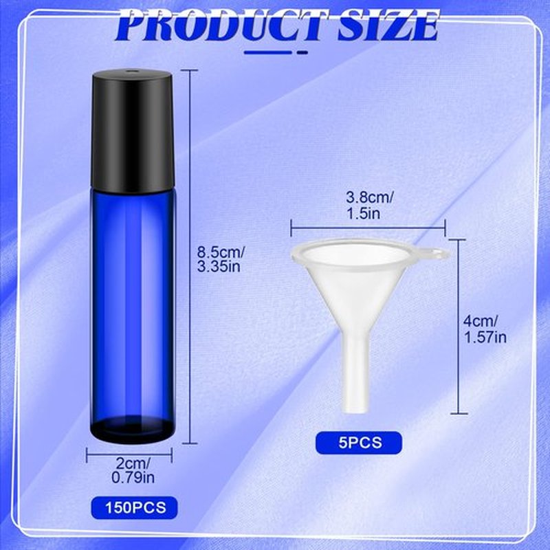 Sumind 150 Pcs Essential Oil Roller Bottles 10 ml Glass Roller Bottles with Stainless Steel Roller Balls Empty Bottles Leak Proof Roll on Bottles with 5 Funnel for Travel Perfume Essential Oil (Blue)
