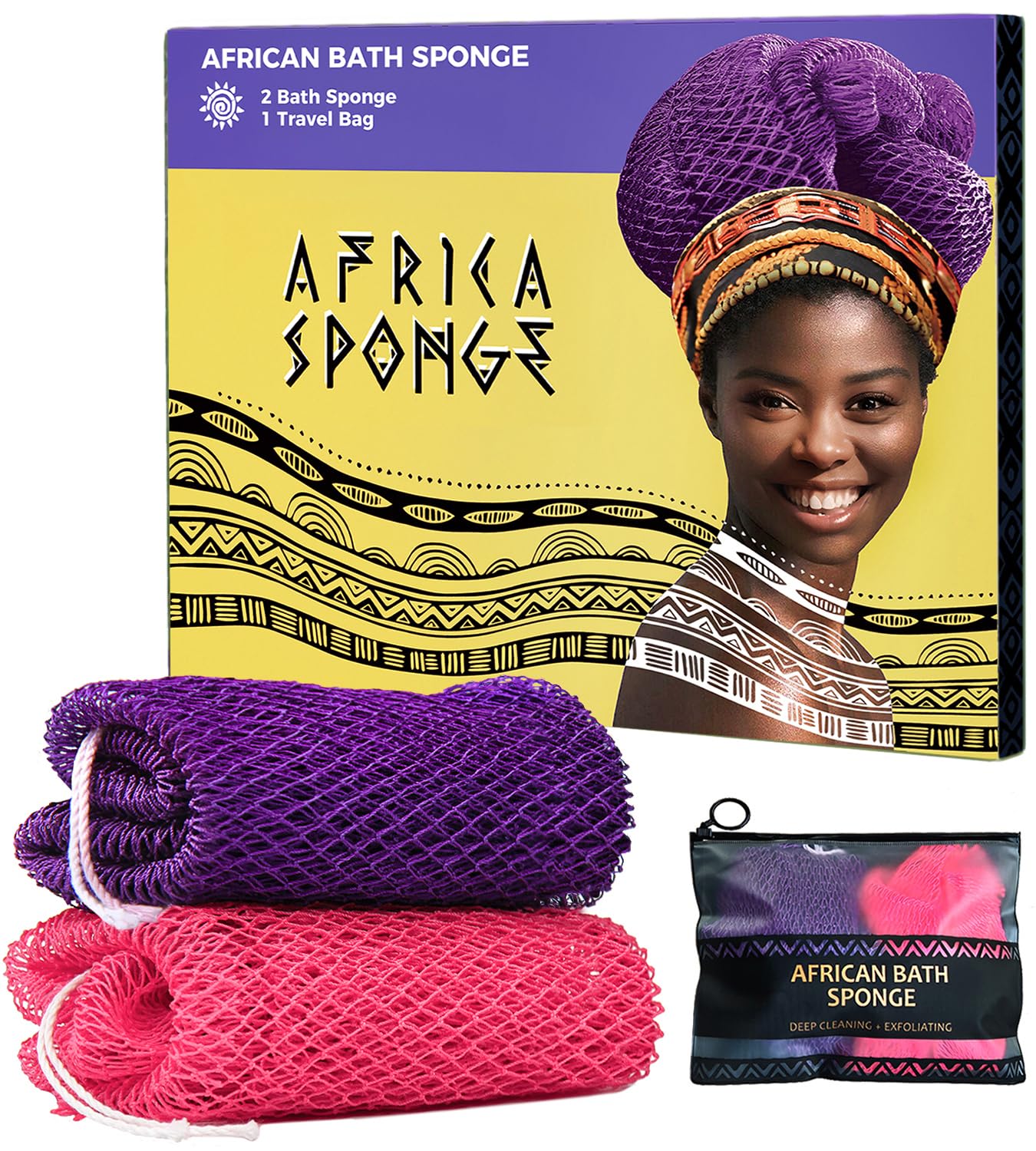 African Net Sponge Authentic - 2 Pieces Real African Exfoliating Loofah Sponge with Knots - African Net Wash Cloths for Body Scrubber Exfoliator Purple & Pink - Back Scrub for Shower Bath Accessories