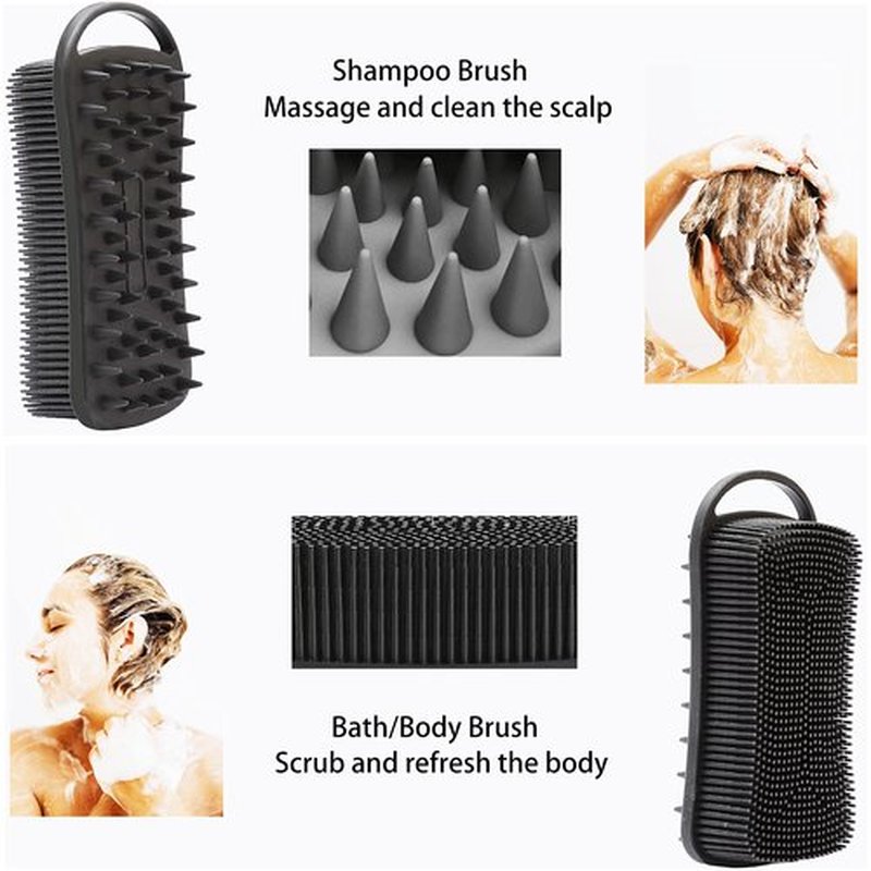 2 PC Silicone Exfoliating Body Scrubber, 2 in 1 Silicone Body Shampoo Brush, Soft Silicone Loofah for Sensitive Skin, Shower Silicone Hair Scalp Massager, Easy to Clean, Lather Well (Black&Green)