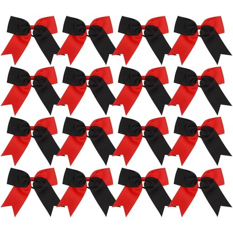 Cheer Bows 6 Inch 2 Color Ponytail Holder Hair Tie 16 Pcs Hair Bow Cheerleader Bows Hair Tie (Black/Red)