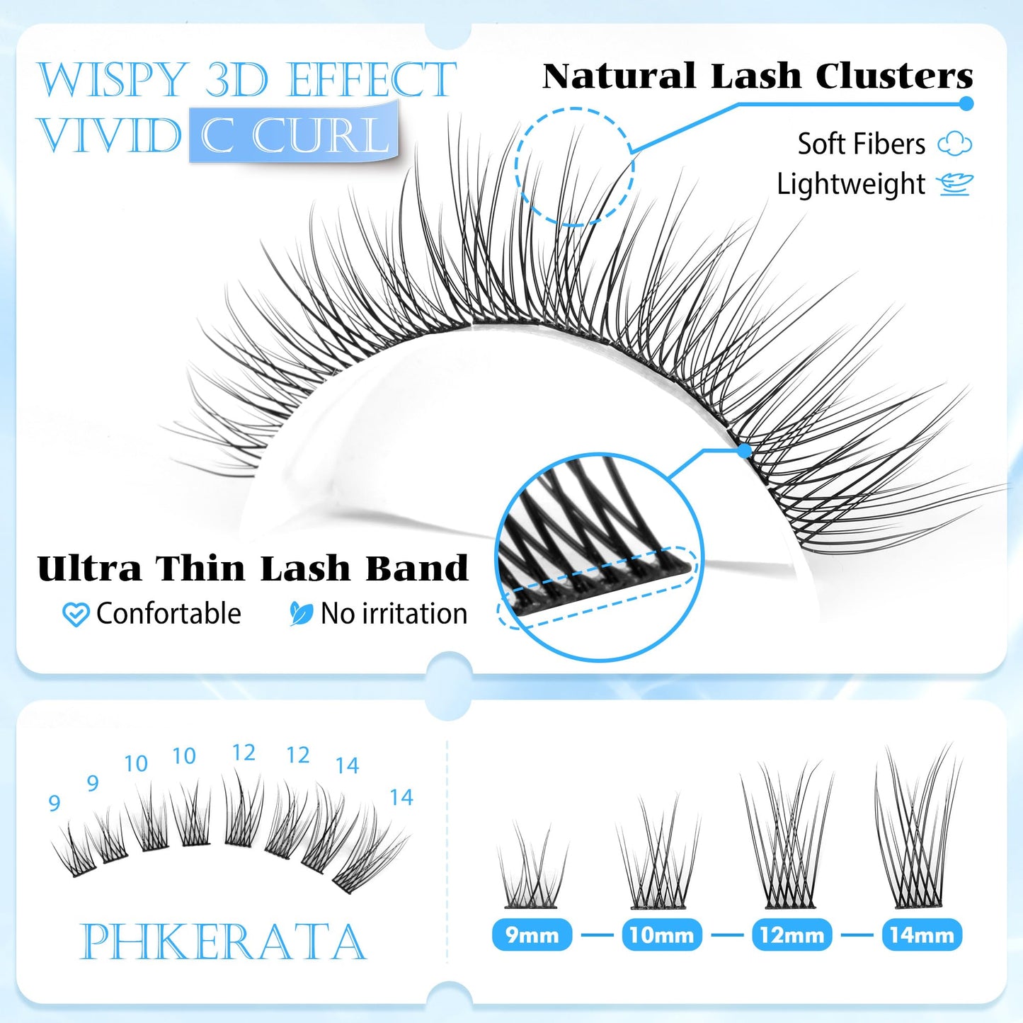 PHKERATA Natural Lash Clusters Wispy Eyelash Clusters C Curl Lashes Clusters 200Pcs Individual Lashes DIY Cluster Eyelash Extensions with Soft Lash Band, 9-14 mm Mix