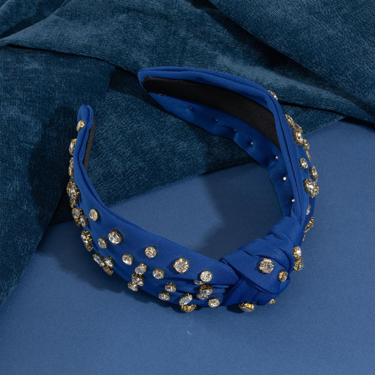 Mixcbe Rhinestone Knotted Headbands for Women, Crystal Beaded Jeweled Headbands, Fashion Hairbands Hair Accessories (Darkblue)