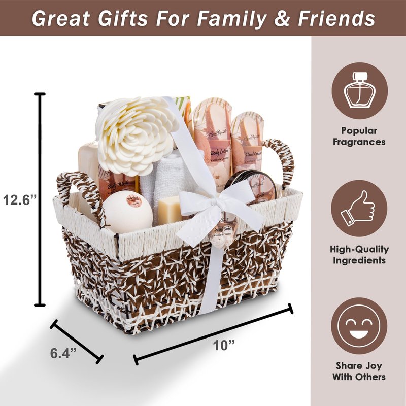 Aqua Elegante Bath Basket For Women - Deluxe Spa Set with Wash, Bubble Bath, Lotion, Salts, Body Scrub, Towel, Shower Puff, Bathbombs, Reusable Basket, Gifts for Mom, Wife, Her - Coconut & Vanilla
