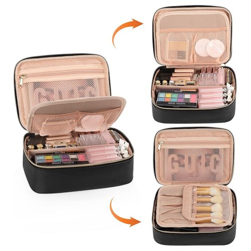 OCHEAL Makeup Bag, Potable Make up Bag Cute Makeup Organizer Bag for Toiletry Cosmetics Accessories with Divider and Brushes Compartments, Makeup Travel Case Cosmetic Bags Women and Girls- Black