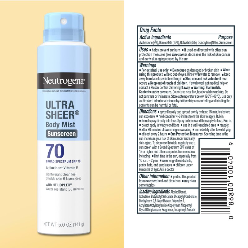 Neutrogena Ultra Sheer Dry Touch Sunscreen Spray SPF 70 Broad Spectrum UVA UVB Protection Lightweight Water Resistant up to 80 Minutes Oil PABA Oxybenzone Free, 3-pack of 5 oz