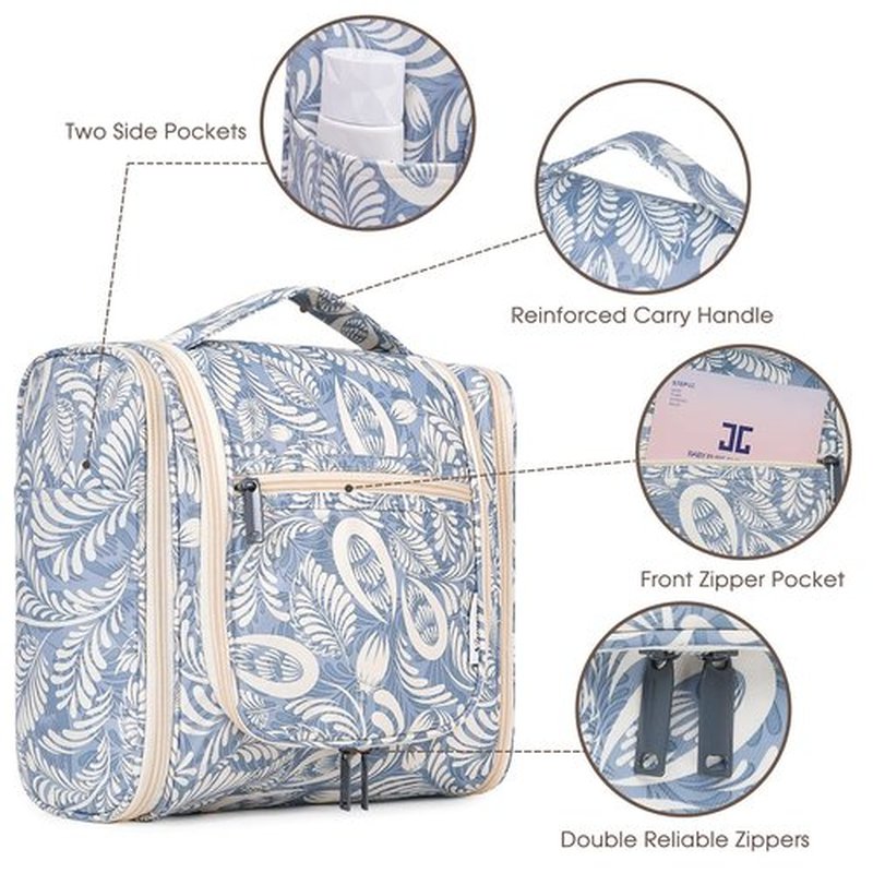 Hanging Toiletry Bag for Women Travel Makeup Bag Organizer Toiletries Bag Men for Cosmetics Essentials Accessories(Large, Blue Leaf)
