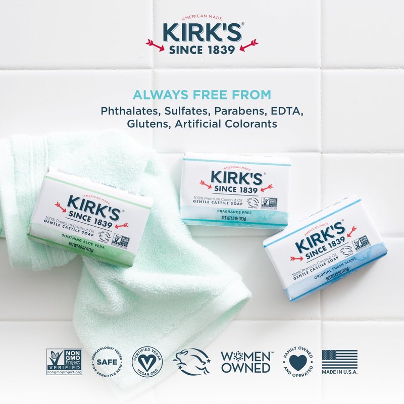 Castile Bar Soap by Kirk’s | Clean Soap for Men, Women & Children | Premium Coconut Oil | Sensitive Skin Formula, Vegan | Fragrance-Free/Unscented | 4 oz. Bars - 3 Pack