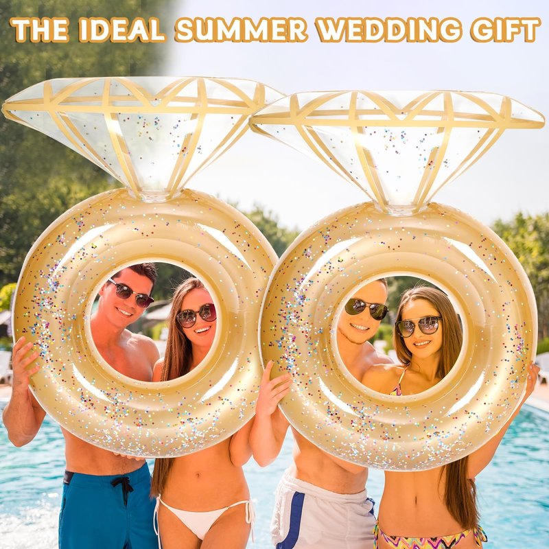 Bride Diamond Ring Pool Float & Towel Set Bachelorette Party Decoration Inflatable Diamond Bride Pool Float Bridal Shower Gift Engagement Party Accessories Swimming Tube River Wedding Photo Prop(Gold)