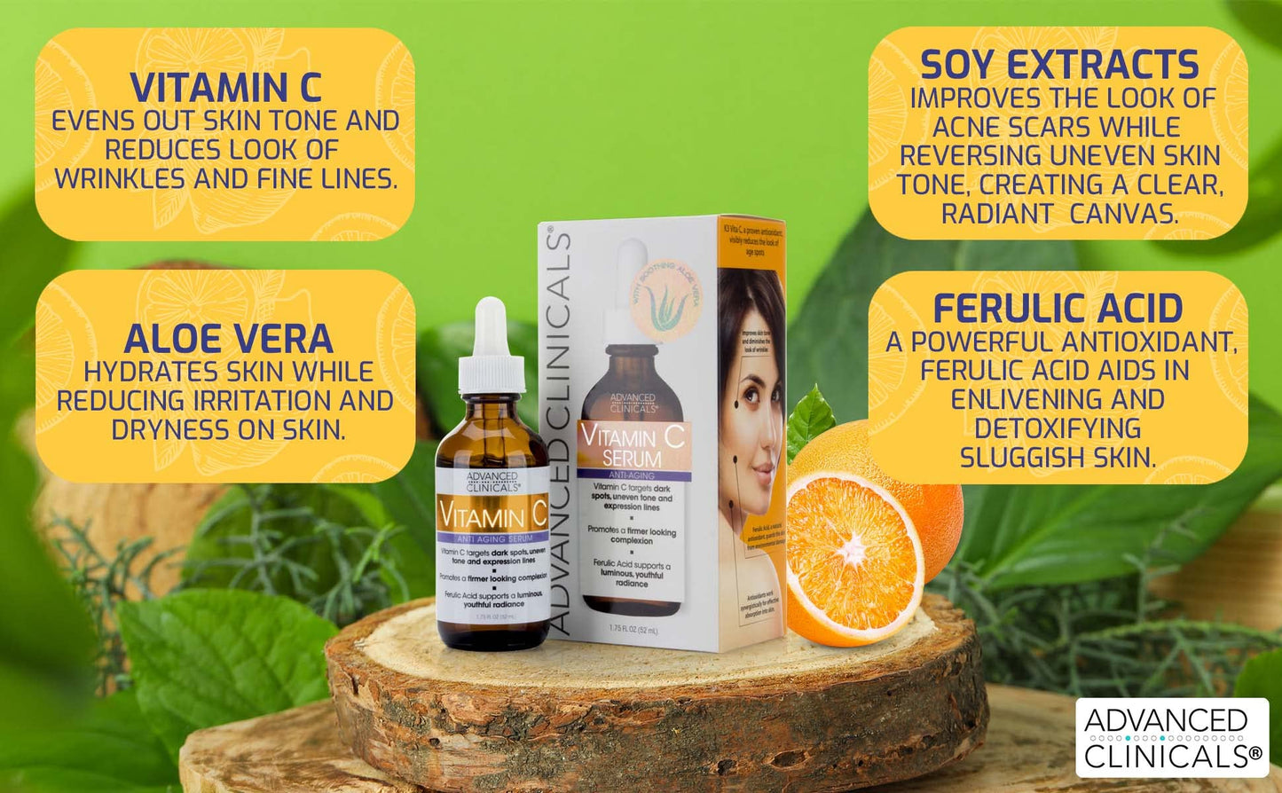 Advanced Clinicals Tea Tree Oil Serum For Face + Vitamin C Serum + Exfoliating 10% Glycolic Acid Serum Skincare Set | Face Serum For Women | Anti Aging Serums To Brighten, Exfoliate, & Hydrate, 3-Set