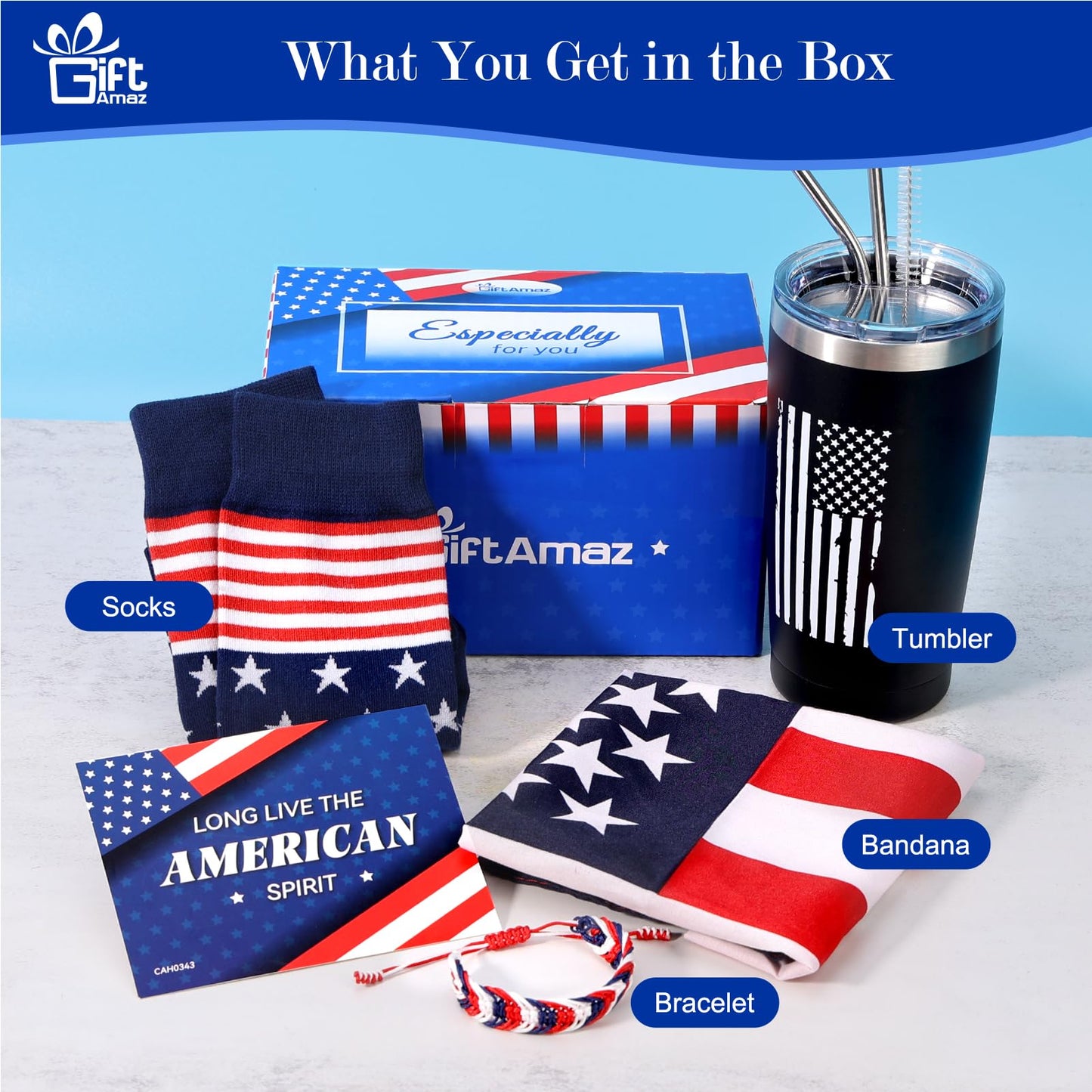 GiftAmaz New US Citizen Gifts, American Flag Gift Set with 20oz Travel Tumbler for Coffee or Cold Drinks, US Citizenship Congratulations Birthday Valentines Day Box Gift for Veterans Women Men
