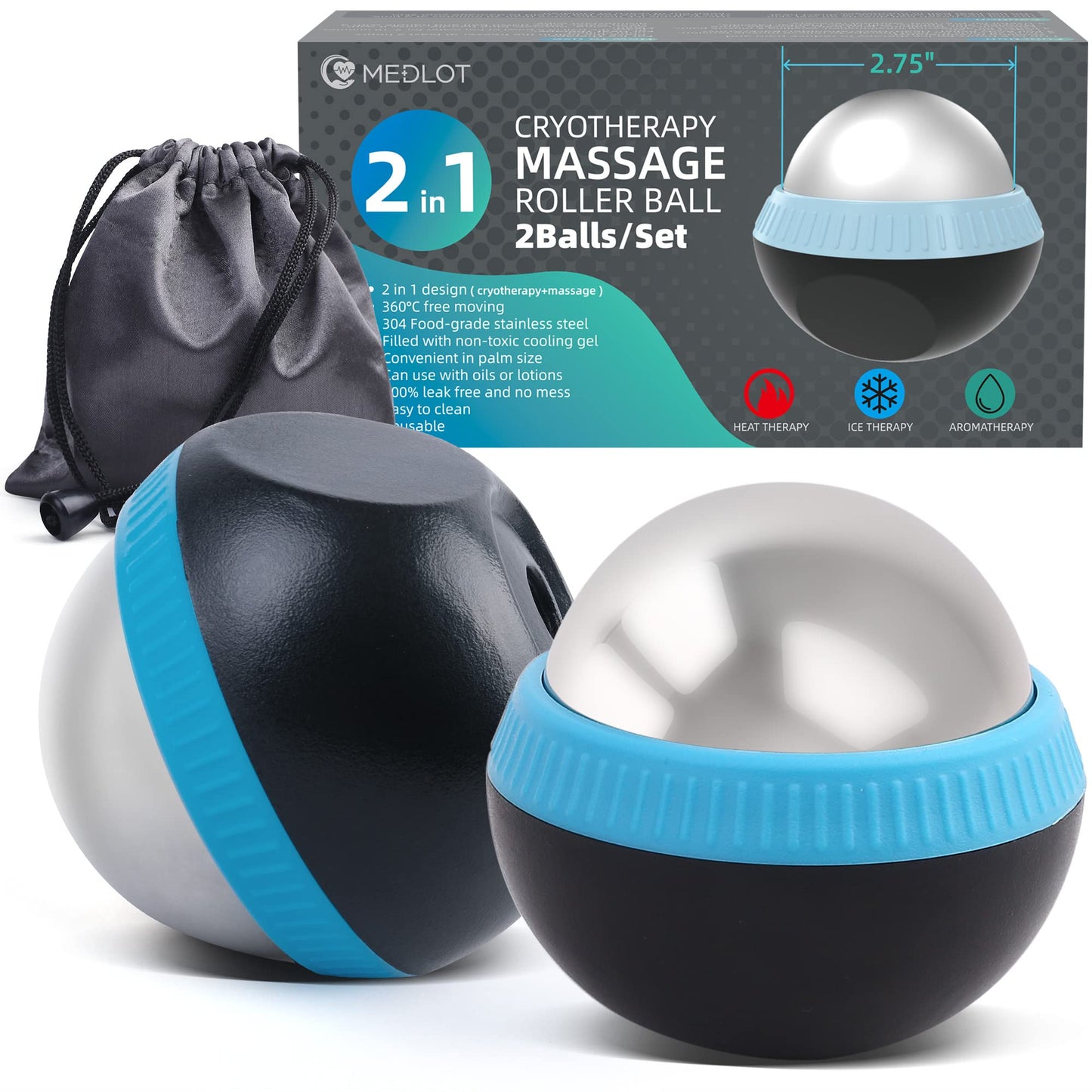 MEDLOT Cold Massage Roller Ball, Set of 2, Cryosphere Ice Therapy Ball for Body Muscle Relief, Roller Massager for Back, Neck, Deep Tissue, Foot Plantar Fasciitis, Myofascial Release