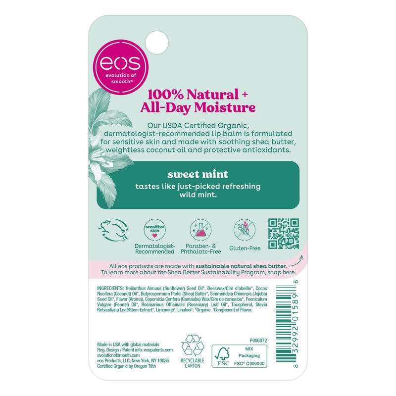 eos 100% Natural & Organic Lip Balm- Sweet Mint, Dermatologist Recommended, All-Day Moisture Lip Care, Made for Sensitive Skin, 0.14 oz (Pack of 2)
