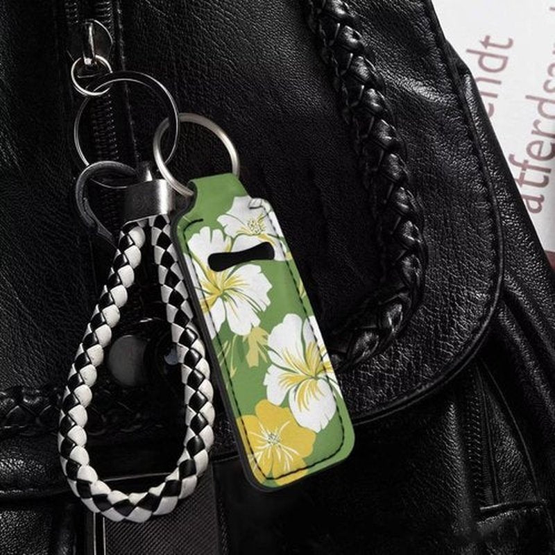 SEANATIVE Tropical Flowers 5 PCS Chapstick Holder Keychain Clip-on Sleeve Chapstick Pouch Neoprene Keychains Lipstick Holder Lip Balm Holster Keychain Holder for Chapstick Tracker