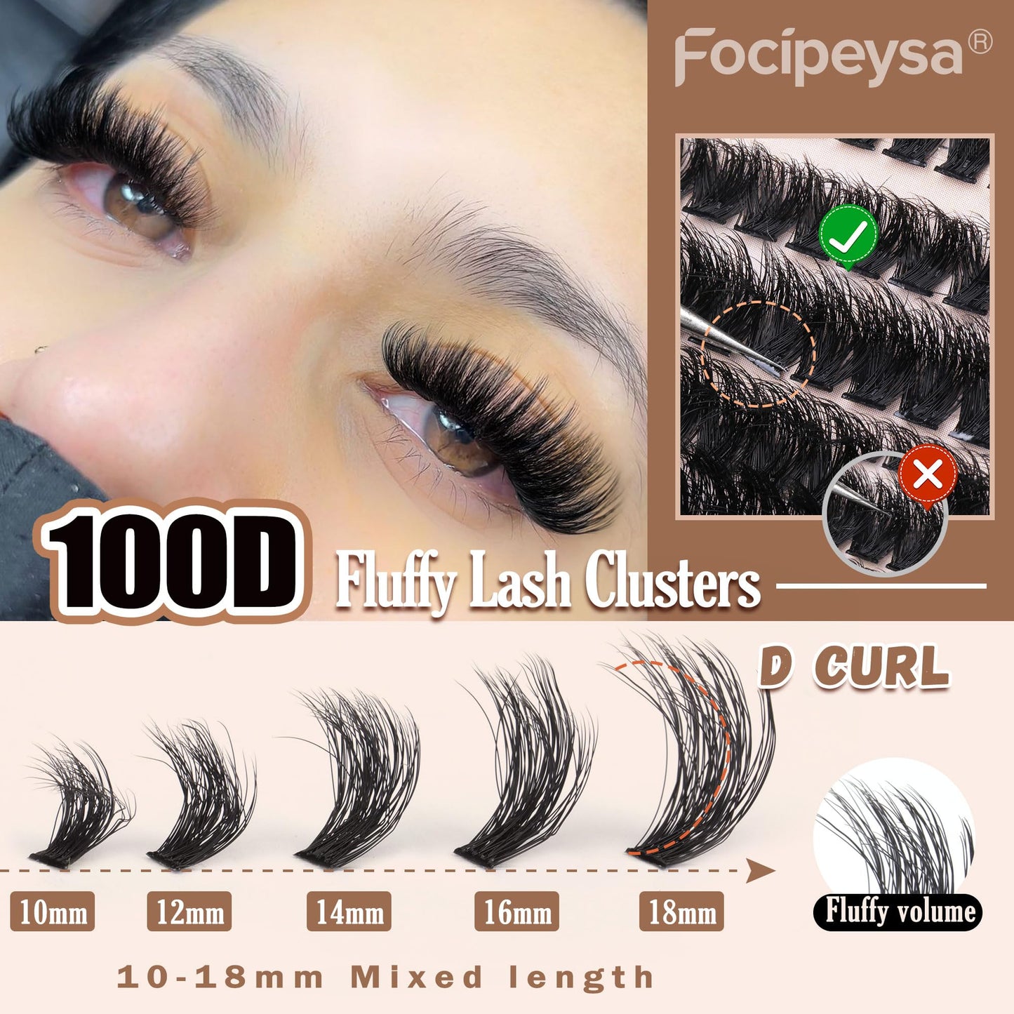 Fluffy Eyelash Extension Kit Volume Lash Clusters Kit 10-18mm Individual Lashes Clusters 100D DIY Lash Extension Kit 200pcs Clusters Lash with Bond and Remover Lash Applicator by Focipeysa