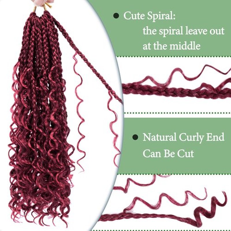 Goddess Box Braids Crochet Hair 14 Inch 8 Packs Burgundy Red Pre-looped Bohemian Crochet Boho Box Braids With Curly Ends 3X Crochet Braids Hair for Women Synthetic crochet Hair (14 inch,#BUG)