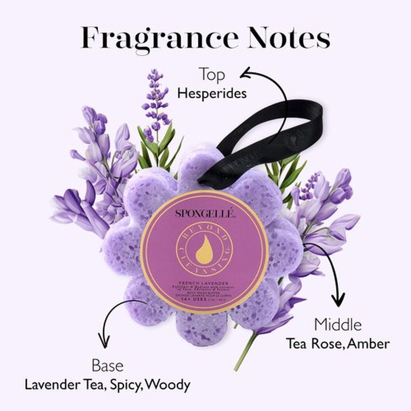 Spongelle French Lavender Wild Flower Buffer Body Scrubber | Bath & Shower Loofah for Women | Exfoliator with Body Wash Infused Sponge | 14+ uses