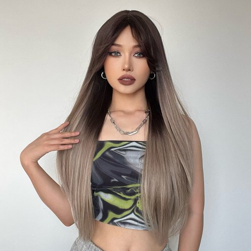 ISHINE Long straight Wigs, Brown Omber Platinum Blonde Wigs for Women, Natural Looking Synthetic Wig with Long Bangs, Hair Replacement Wigs for Daily Cosplay Party Halloween Costume 26 inch