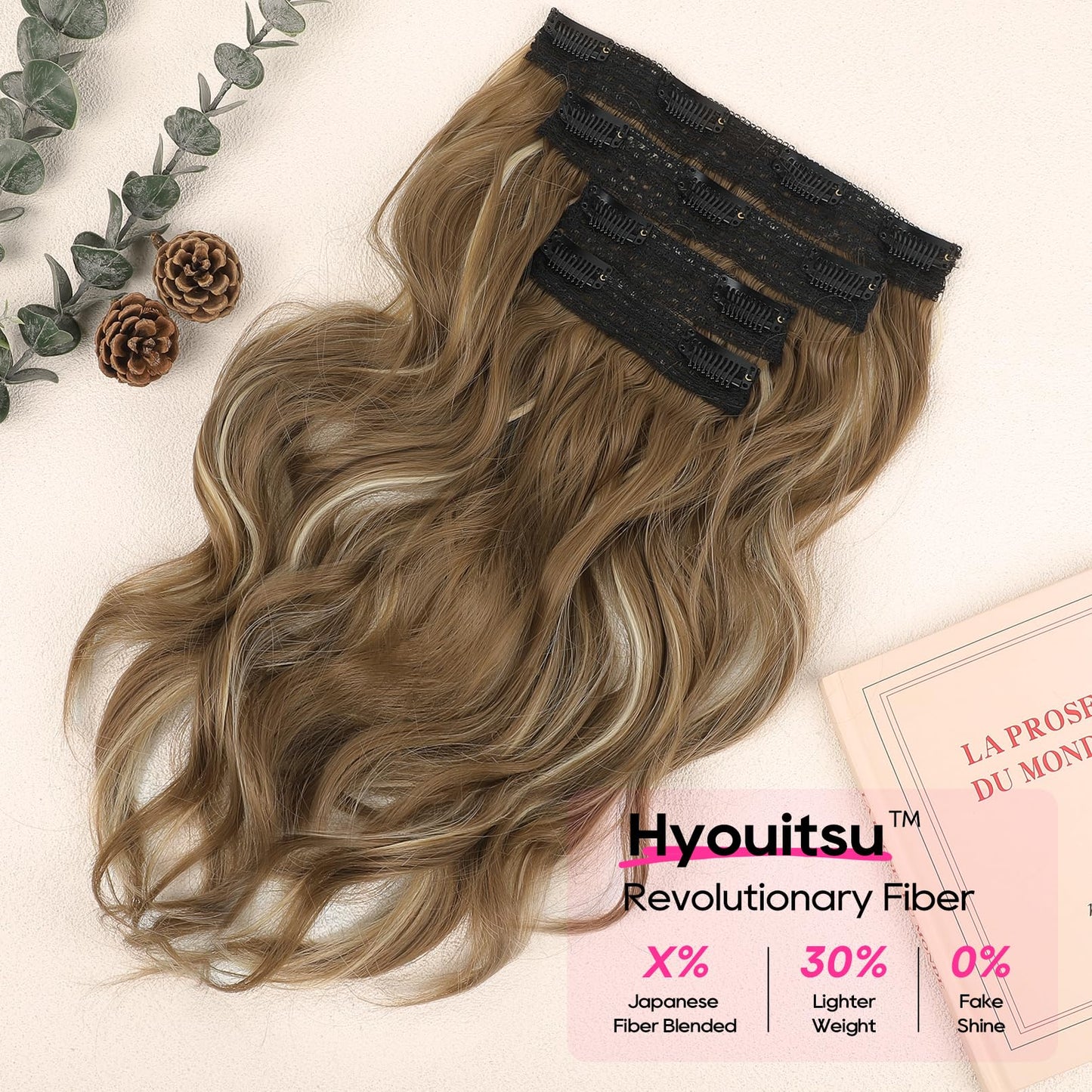 REECHO Hair Extensions, 4PCS Clip in Hair Extensions 14" Short Beach Wavy Hair Extensions Invisible Lace Weft Natural Soft Hairpieces for Women – Dark Ash Brown with Highlights