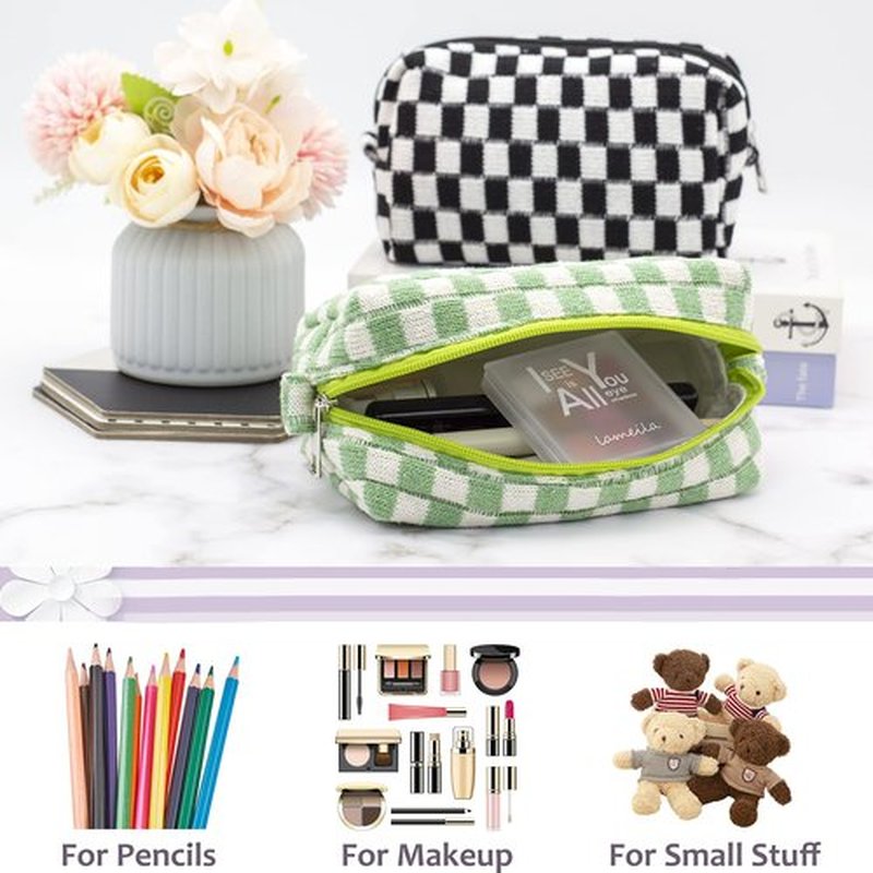 PAZIMIIK Checkered Makeup Bag for Purse Portable Zipper Make Up Pouch Small Cosmetic Case for Travel Accessories (Light Green)