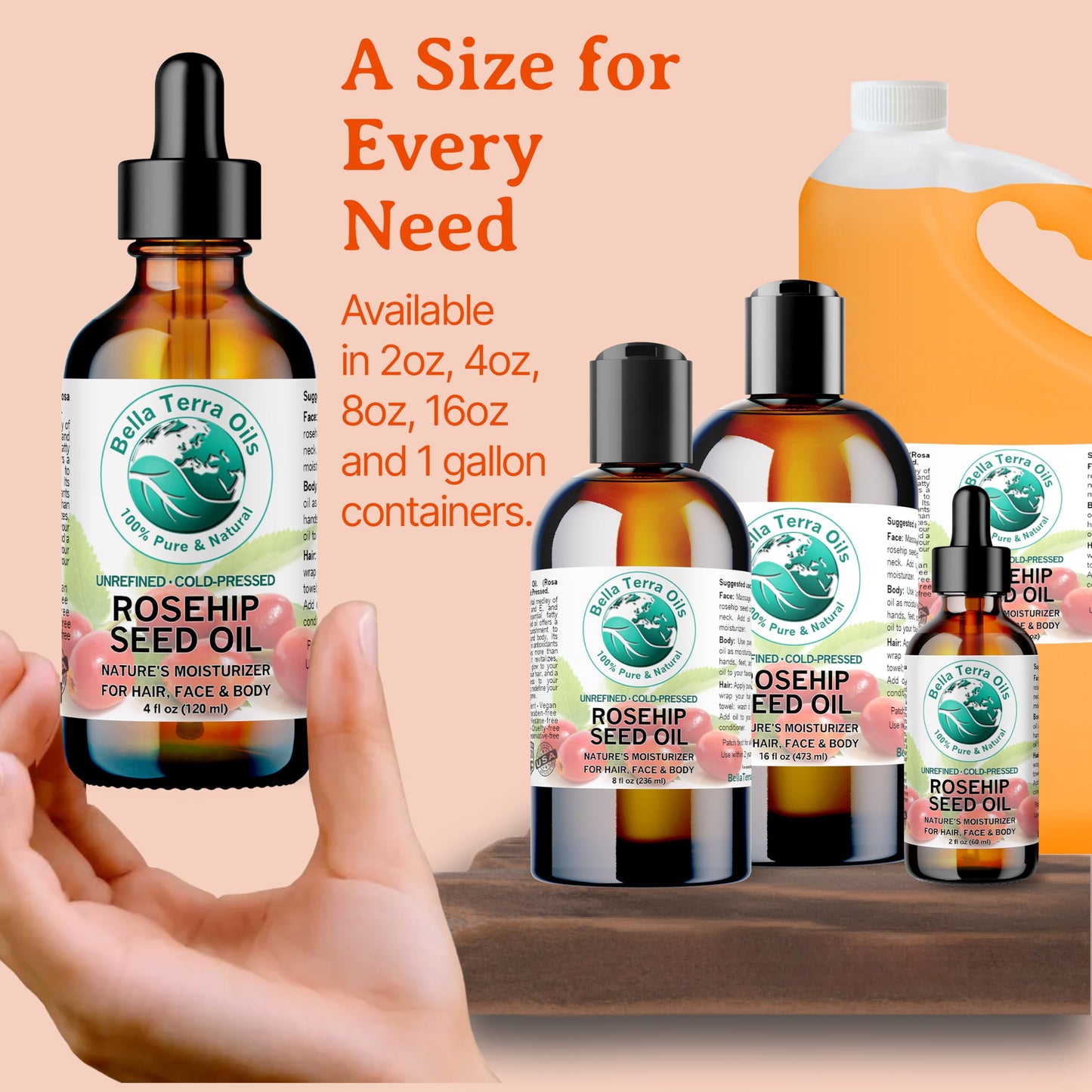 Bella Terra Oils - Natural Rosehip Facial Oil 8 oz - Dive into Natural Rosehip's Essential Fatty Acids & Antioxidants, Infused with Vitamin F, Elevate Daily Face Rituals
